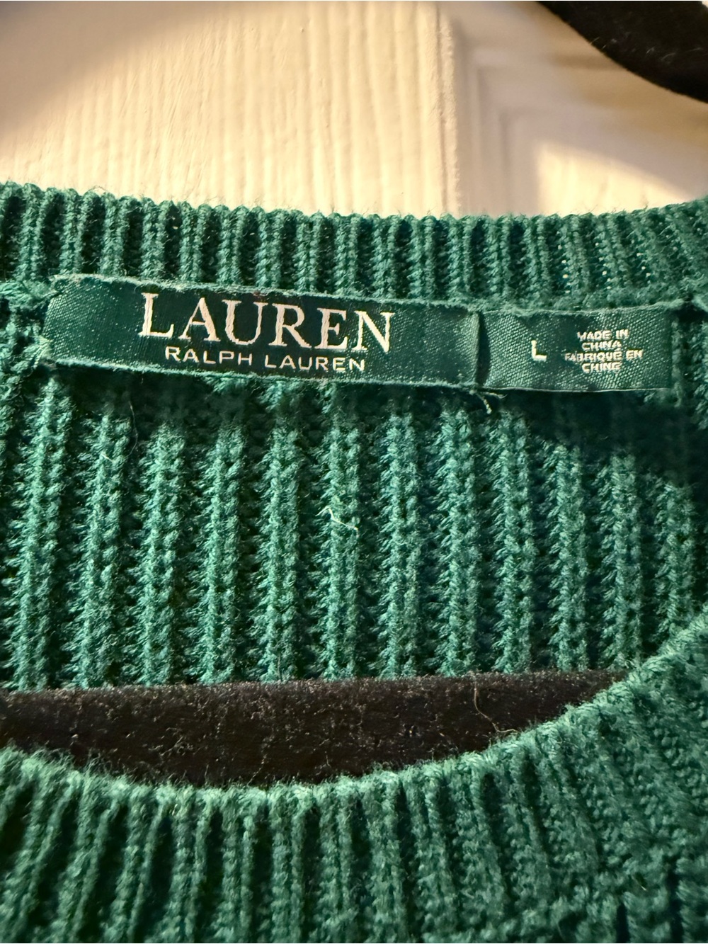 Lauren Ralph Lauren Dark Green Crewneck Sweater with Velvet Lace-Up Sleeve - Picture 4 of 5